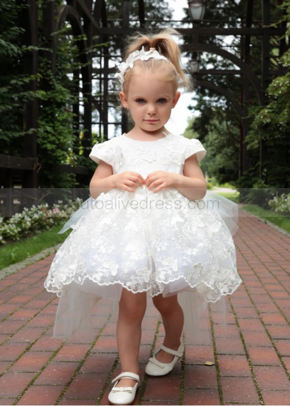 Ivory Butterfly Lace Tulle Flower Girl Dress With Removable Train